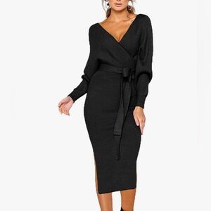 CHERFLY VNeck Sweater Dresses Batwing Long Sleeve Bodycon Long Dress with Belt